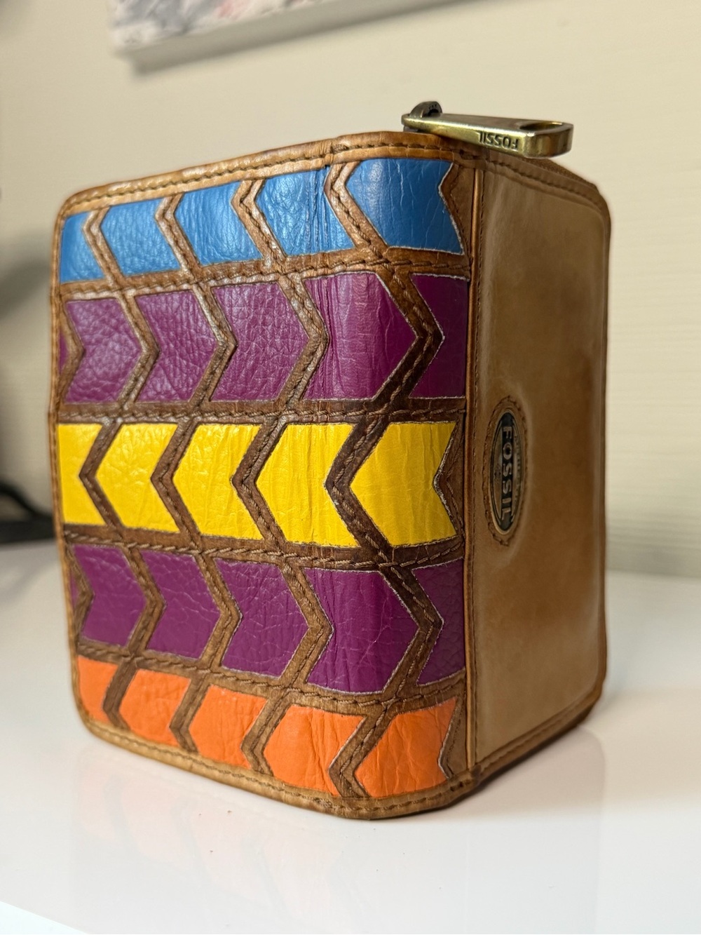 Vintage Fossil Genuine Leather Wallet Colorblock Patchwork Multi Colour